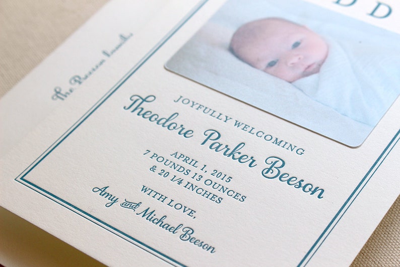 Letterpress Baby Birth Announcements with photos 50 flat cards with envelopes 1 ink color custom, boy Modern, newborn, Classic BA111 image 2