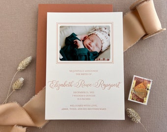 Letterpress Baby Birth Announcements with photos - 50 flat cards with envelopes - 1 ink color- neutral, newborn, earth tone, farmhouse BA144