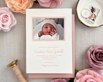 Letterpress Baby Birth Announcements with photos - 50 flat cards with envelopes - 1 ink color- girl, neutral, floral, newborn, Classic BA155