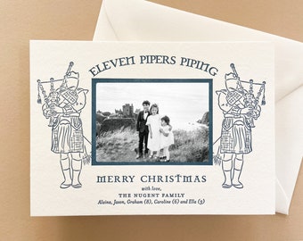 Letterpress Holiday Photo Card - 50 or more flat cards with envelopes - 1 ink color - Christmas Cards, blue, pipers piping, Scottish DIY H22