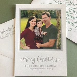 Letterpress Holiday Photo Card 50 or more flat cards with envelopes 1 ink color Christmas Cards, silver, Joy, Family, DIY H108 image 3