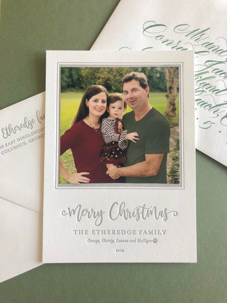 Letterpress Holiday Photo Card 50 or more flat cards with envelopes 1 ink color Christmas Cards, silver, Joy, Family, DIY H108 image 3