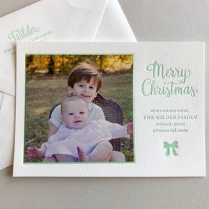 Letterpress Holiday Photo Card 50 or more flat cards with envelopes 1 ink color Christmas Cards, silver, Joy, Family, DIY H114 image 1