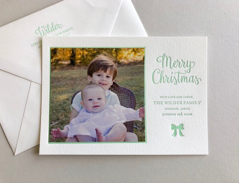 Letterpress Holiday Photo Card 50 or more flat cards with envelopes 1 ink color Christmas Cards, silver, Joy, Family, DIY H114 image 1