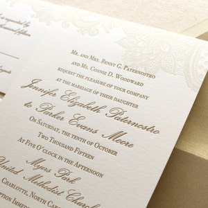 The Vintage Floral Lace Suite - Formal Letterpress Wedding Invitation Sample, Ivory, Gold, White, Script, Classic, Traditional, Simple