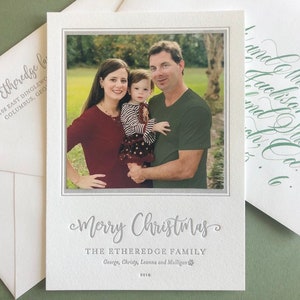 Letterpress Holiday Photo Card 50 or more flat cards with envelopes 1 ink color Christmas Cards, silver, Joy, Family, DIY H108 image 1