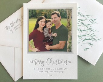 Letterpress Holiday Photo Card - 50 or more flat cards with envelopes - 1 ink color - Christmas Cards, silver, Joy, Family, DIY H108