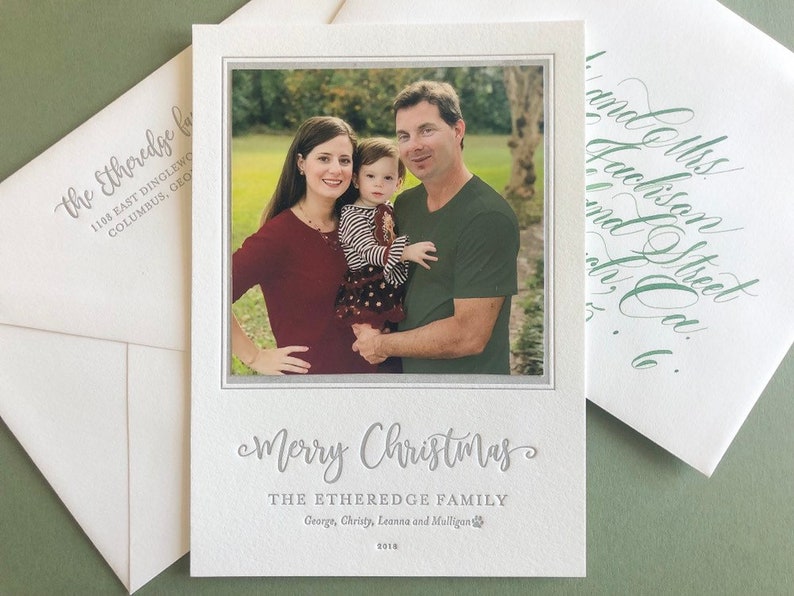 Letterpress Holiday Photo Card 50 or more flat cards with envelopes 1 ink color Christmas Cards, silver, Joy, Family, DIY H108 image 1