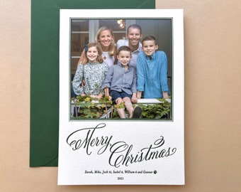 Letterpress Holiday Photo Card - 50 or more flat cards with envelopes - 1 ink color - Christmas Cards, green, simple classic DIY H39