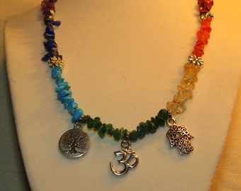 Chakra Necklace - Yoga Necklace, Natural Stone with Silver Om, Tree of Life, and Hamsa Hand Charms