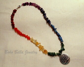 Chakra Necklace - Yoga Necklace, Natural Stone with Silver Om, Lotus, Tree of Life, Hamsa Hand Charms