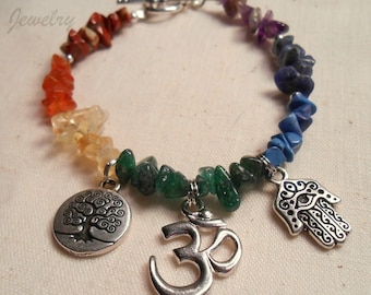 Chakra Bracelet - Yoga Bracelet, Natural Stone with Silver Om, Tree of Life, and Hamsa Hand Charms