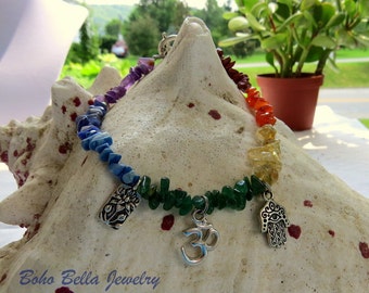 Chakra Anklet - Yoga Anklet, Natural Stone with Silver Om, Lotus, and Hamsa Hand Charms