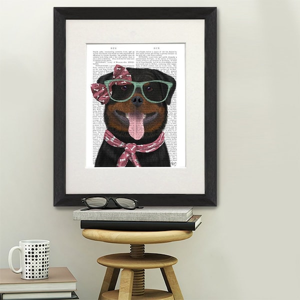 Rottweiler art print - Rottweiler with glasses and scarf - Rottie dog lover Rottie print Rottweiler gift Cute dog decor Dog poster art