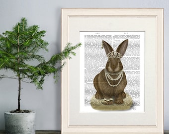 Rabbit painting - Rabbit and pearls full - Bunny print Bunny nursery decor Rabbit wall art Hare art print Rabbit illustration Woodland decor