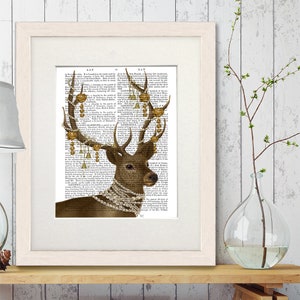 Deer home art print - Deer with gold bells - Stag print Deer art decor Deer head art print Woodland deer Deer poster Deer painting Deer art