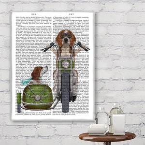 Illustration Hund - Beagle mit Beiwagen - Motorrad Motorrad Land Papier Jahrestag Valentineen Geschenk Mann Einweihungsparty