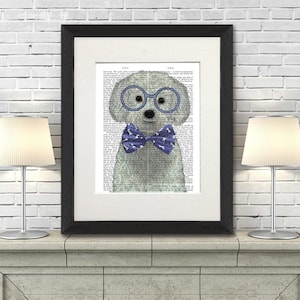 Bichon frise poster - Bichon Frise in glasses and bowtie - Bichon decor Bichon art print Painting of dog Wall dog decor Mom dog gift Uk shop