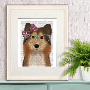Sheltie gift - Shetland sheepdog in pink bow - Sheltie wall art Shetland Islands dog Sheltie dog artwork Dog decor for home Poster dog gift