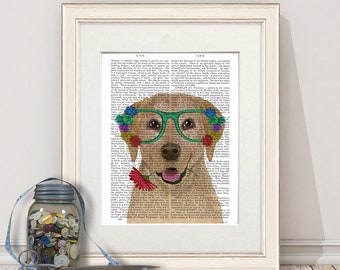 Stampa di Labrador giallo – Labrador con corona di fiori e occhiali