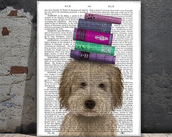 Gift for bookworm - Labradoodle cream with books - Mom present sister home decoration doodle dog painting book page artwork large canvas art