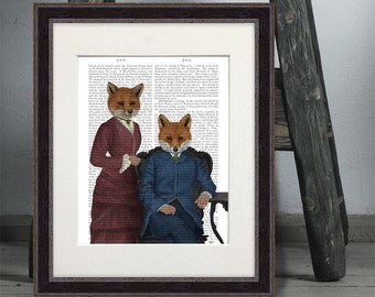 Fox print art - Fox couple edwardians - Woodland fox Woodland theme Forest animals Fox decor Fox wall art Animal art Foxy decor Fox artwork