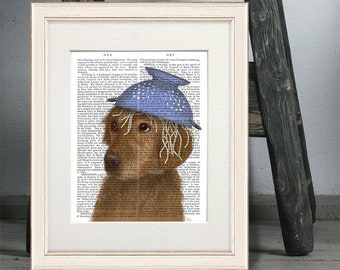 Puede incluir: Un perro marrón y blanco con un colador azul en la cabeza. El perro mira hacia la derecha. El fondo es una página de texto de un libro antiguo.