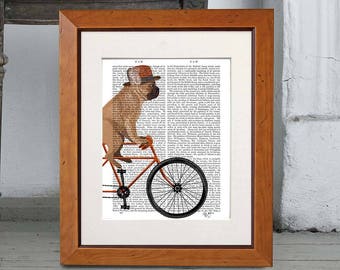 Stampa artistica di un bulldog francese in bicicletta – Pagina di un libro antico con cane in bici