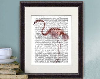 May include: A vintage book page with a pink flamingo illustration. The flamingo is a skeletal drawing with a pink and white color scheme. The text on the page is in black and white and is mostly illegible. The image is framed in a dark brown frame.