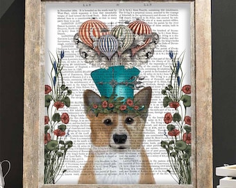 Corgi Print - Milliners Dog - Pembroke Welsh corgi art print corgi wall art Whimsical art Unique kid gift Cute animal art for kids rooms