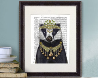 Badger with Tiara Art Print - FabFunky Antiquarian Book Page