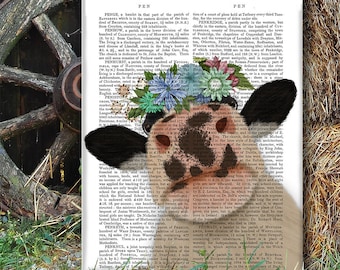 Stile country - Mucca con corona di fiori 2 - Arredamento della fattoria Roba da fattoria Arte animale di campagna Decorazioni per la casa di campagna Illustrazione della mucca Copricapo floreale