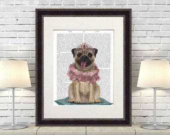 Kids room decor - Pug princess on cushion - Girl nursery art Pink nursery decor Gift for her Funny dog print Pug lover gift Poster hanger