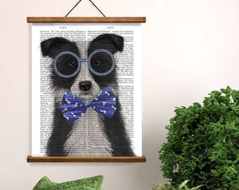 Gift for him - Border Collie Black white glasses bowtie - Collie lover Scottish sheepdog Canvas painting dog funny family wall art blue