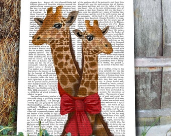 Estampado de jirafa jirafas y lazo rojo - jirafa arte de pared jirafa arte impresión regalos para novio linda jirafas póster regalo de compromiso San Valentín