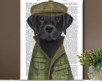 Country home decor - Black labrador country dog - Gift for hunter woodsy wall art farmhouse dog green coat and hat dad present dog costume