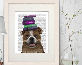 Bulldog English lover gift - English bulldog with books - Bulldog art English bulldog print Dog gift for husband Cool dog print Funny dog