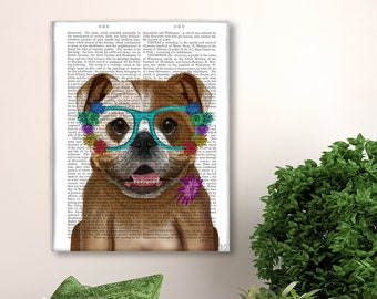 English Bulldog Art Print – Flower Glasses, Geeky Pet Lover Gift