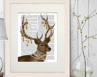 Deer home art print - Deer with gold bells - Stag print Deer art decor Deer head art print Woodland deer Deer poster Deer painting Deer art