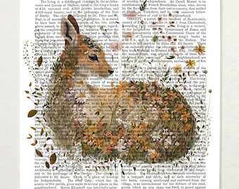 Fawn baby deer whimsy serene artwork for tranquil nursery wall decor abstract floral art print on recycled book page or framed poster