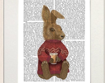 Rabbit in sweater, Bunny rabbit print, Latte print, Nursery wall art, Cabin decor, Woodland animal art, Lake house decor, Framed print