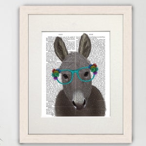 Wall art Donkey - Donkey turquoise flower glasses - Donkey art print Donkey full painting Ass wall print Farmhouse decor Farm donkey cute