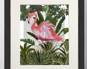 May include: A pink flamingo stands in a jungle of green leaves and plants. The background is a white page with black text.