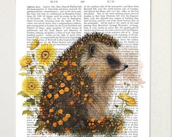 Hedgehog Floral Illustration, Vintage Book Page Art Print