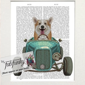 Corgi Tan Dog Art Print in Hot Rod Car, Auto Shop Poster, Funny Dog in Vintage Style Custom Classic Car Print Garage Wall Art Decor