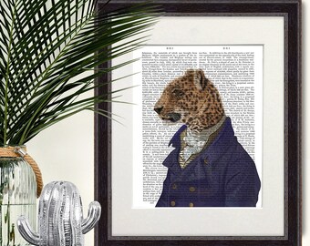 Leopard in Blue Jacket Art Print – Safari Animal Decor