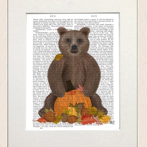 Estampado de oso, Arte de oso de Woodland, Imagen de calabaza, Decoración de otoño, Decoración de cabaña de Autumnul, Decoración de la casa del lago, Arte de la página del libro, Regalo de impresión de libro vintage
