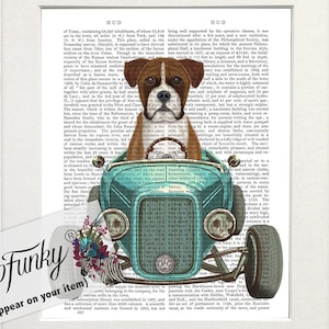 Boxer Dog Art Print in Hot Rod Car, Auto Shop Poster, Funny Dog in Vintage Style Custom Classic Car Print Garage Wall Art Decor