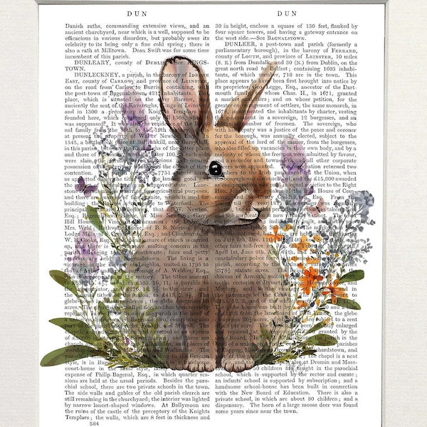 Bunny rabbit artwork framed illustration canvas gallery wrap or print on book page for whimsical nursery wall decor or gift for mothers day