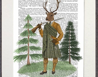 Scottish stag print, Red deer in tartan clan clothing with hunting rifle, Highland decor for country home or lodge, Framed art gift for him
